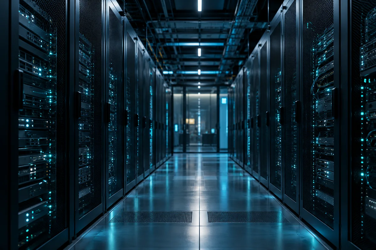 A quiet aisle between modern server racks with cyan status lights
