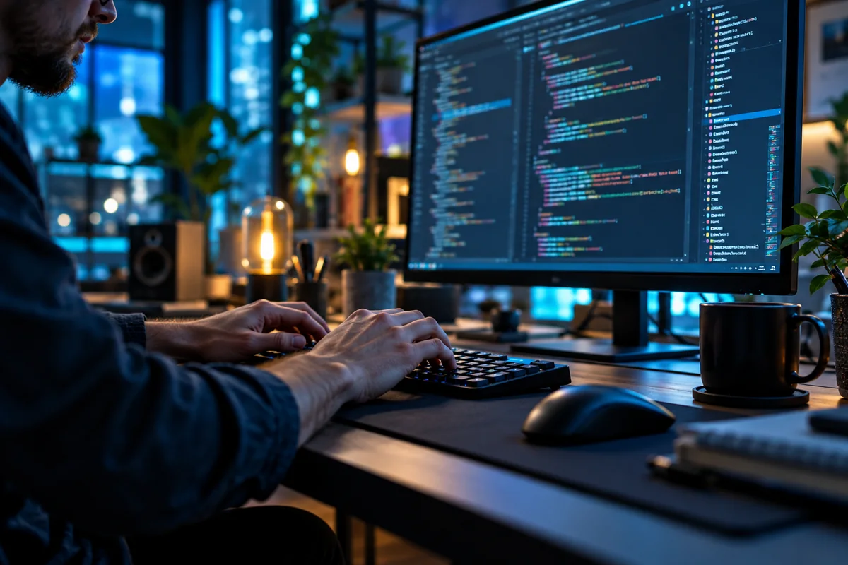 A developer working at a computer in a blue-lit studio