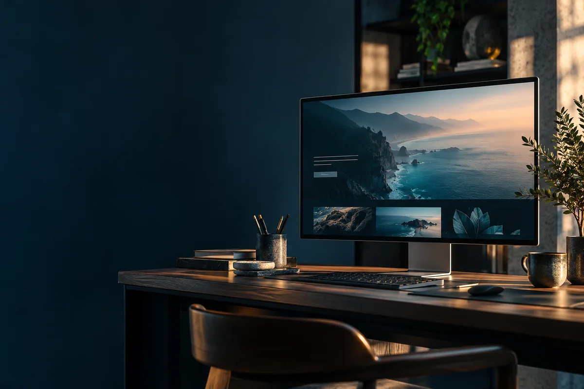 A desktop monitor showing a coastal landscape in a dark creative studio