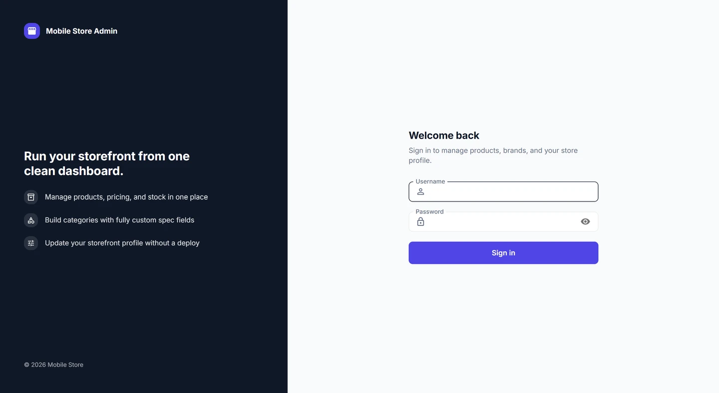 Mobile Store admin sign-in screen